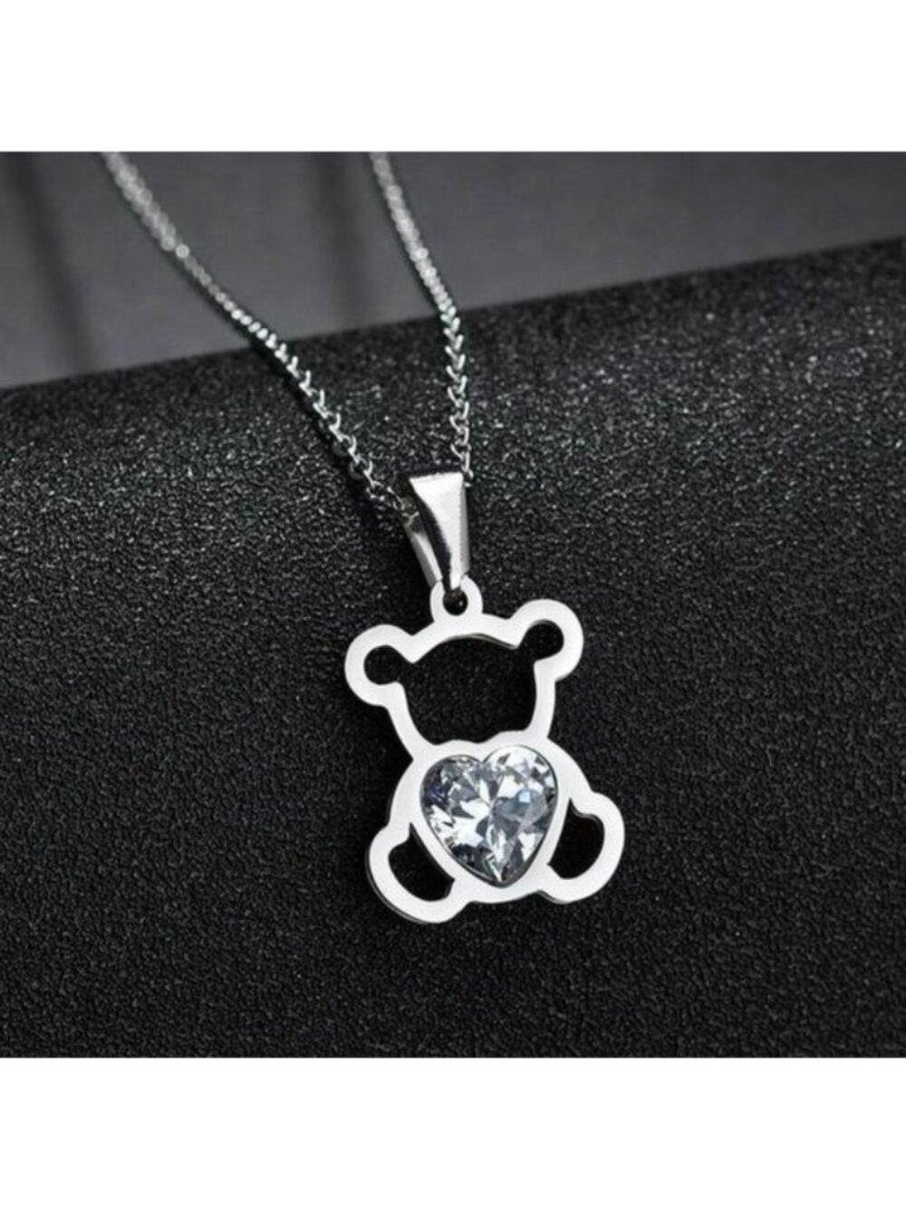Teddy Bear Heart Shaped Cubic Zircpnia Baby Newborn Silver Necklace